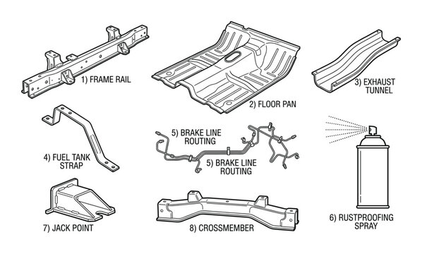 Car chassis parts frame rail floor pan exhaust tunnel fuel tank strap brake line routing rustproofing