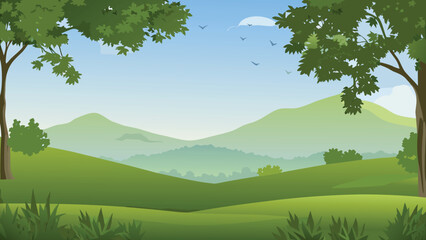 Lush green landscape with rolling hills mountains and a clear sky © PUNNABEGUM