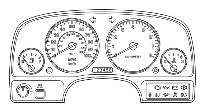 Car dashboard and instrument panel outline with speedometer, tachometer, gauges, and warning lights