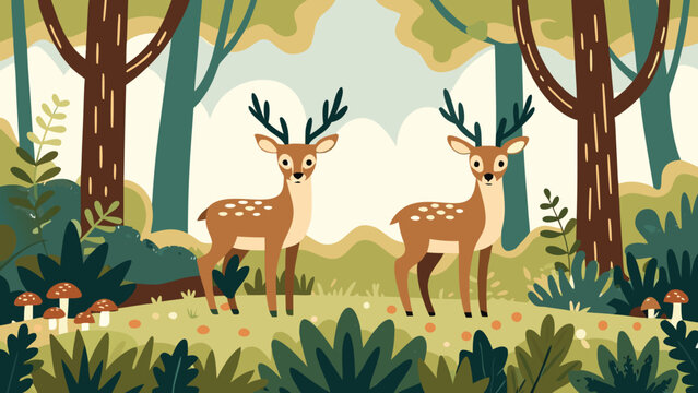 Two deer stand peacefully in a stylized forest landscape illustration