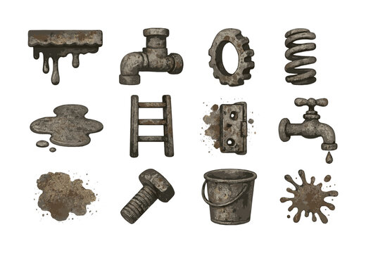 Set of twelve rusty metal objects and tools on white background