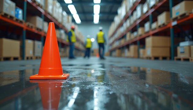 Orange traffic cone warns of wet floor in warehouse aisle. Workers in high-vis vests move past shelves stacked with boxes. Safety alert in industrial storage facility. Overhead lights illuminate