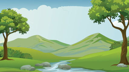 A serene landscape featuring lush green hills trees and a flowing river © PUNNABEGUM