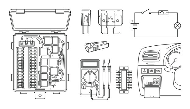 Car electrical system components fuse box multimeter diagram and dashboard illustration