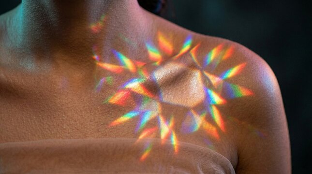 A cascade of rainbow light fractures across the collarbone and shoulder, transforming the skin into a living prism where color becomes the primary garment.