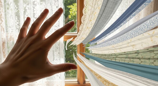 Close-up of a hand with fingers spread, reaching towards sheer curtains gently blowing in the breeze from an open window.
