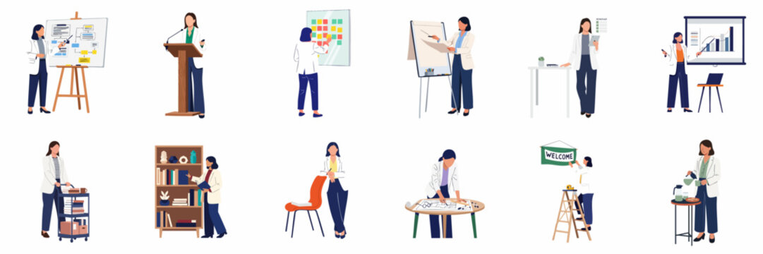 Set of Professional Business Woman Characters Performing Various Office Tasks and Presentations in a Flat Illustration Style