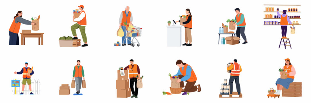 Flat Illustration Set of Diverse Volunteers Working in a Food Bank, Packing Groceries, and Organizing Donations for Charity and Community Support