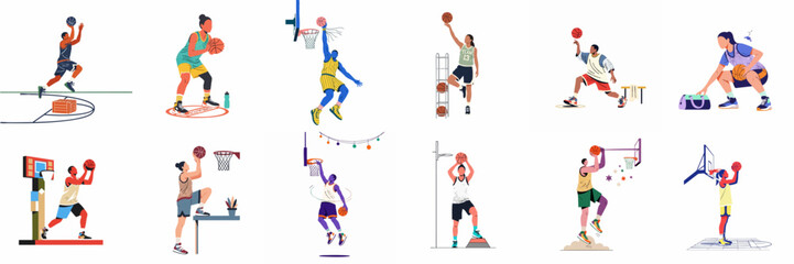 A diverse collection of flat vector illustrations featuring male and female basketball players in various action poses, shots, and court-side moments. © ValentinaRestrepo