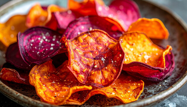 皿に盛られた鮮やかな色の根菜チップス ビーツとサツマイモのスナック