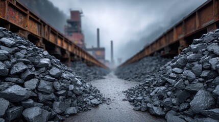 Fototapeta premium Industrial Landscape with Dark Rocks and Abandoned Structures Under Overcast Sky in Distant Mountain Setting