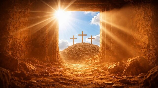empty tomb with three crosses outside, bright sunlight and blue sky, resurrection concept, 4k