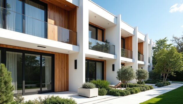 Modern townhouses with wood accents feature large windows balconies and private patios. These homes offer sleek exterior design with rich landscaping and green spaces.