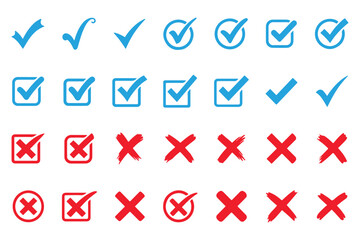 Check mark icons button set. yes or no checkmark sign. Check box icon with right and wrong buttons. black tick box and black cross symbol. Grunge vector checkmark and cross. Grunge green check mark © Hike Studio 2