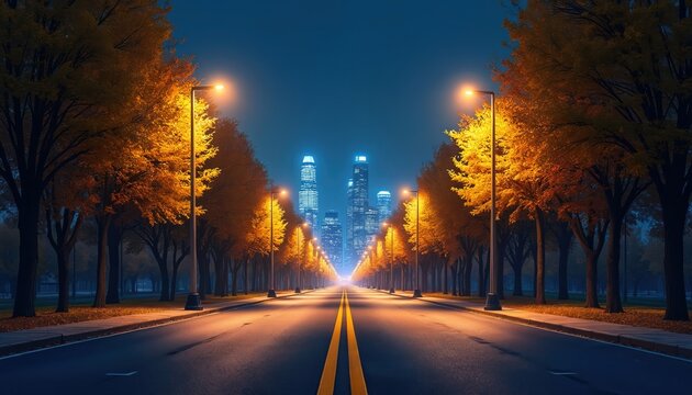 Empty asphalt avenue lined with orange trees at night. Streetlights illuminate road leading to city skyline. Autumn cityscape with glowing lights.