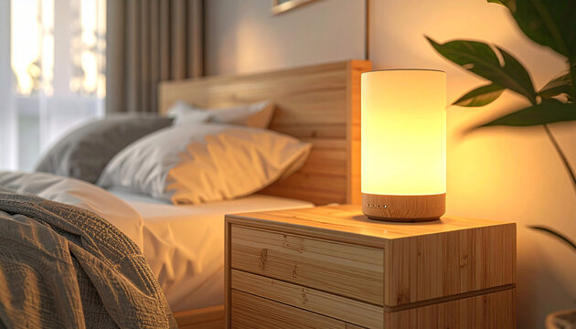 寝室のサイドテーブルに置かれた温かい光のベッドサイドランプ