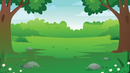 A vibrant green landscape with trees grass and a light blue sky © PUNNABEGUM