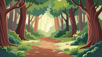 A winding path leads through a lush stylized forest scene © PUNNABEGUM