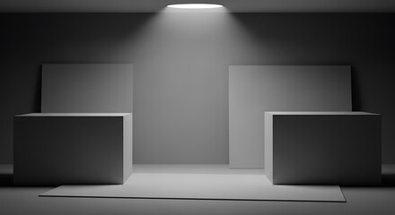Fototapeta premium Minimalist Stage with Spotlights and Pedestals for Presentation.