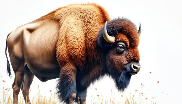 Watercolor illustration of a bison standing in dry grass. The large mammal has brown fur and horns. Features of the wild animal are detailed with a white background.