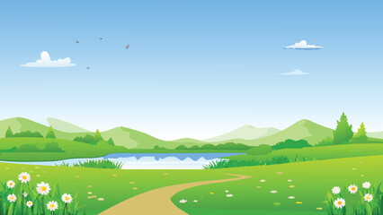 Fototapeta premium A serene landscape featuring green hills a winding path and blue skies