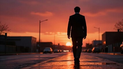 Fototapeta premium Sunset, Silhouette and Business Man walking on city street with determination towards bright future, career success and personal growth in urban environment. Hope, ambition and perseverance with