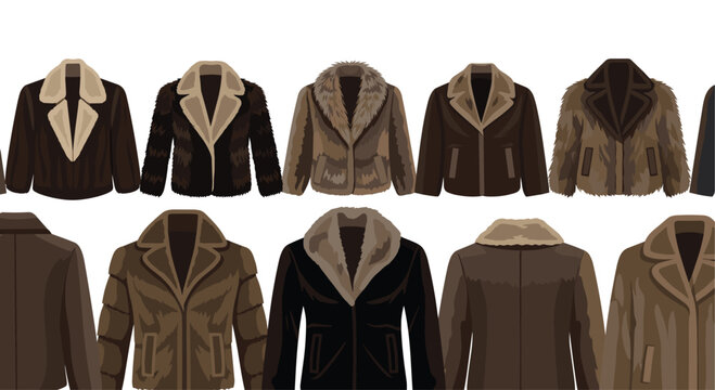 Various men's winter jackets with warm fur collars displayed in a seamless pattern against a clean white background.