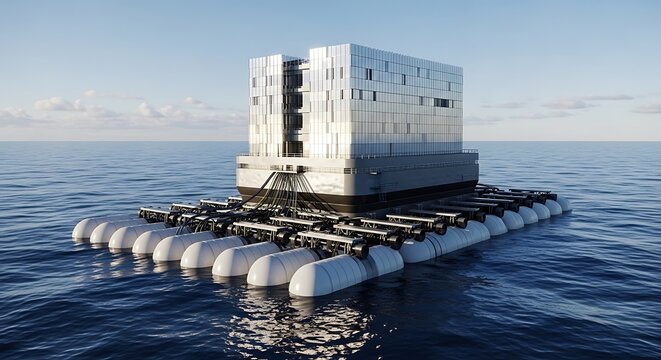 Conceptual rendering of a modern, modular data center platform floating on the open sea, representing innovative technology and sustainable infrastructure.