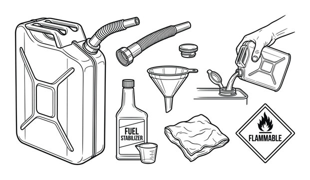 Fuel handling equipment set with metal gas can and funnel plus stabilizer bottle and safety signs