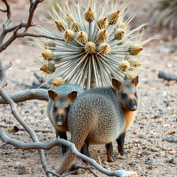 two desert javelina behind a bunch of spiny branch