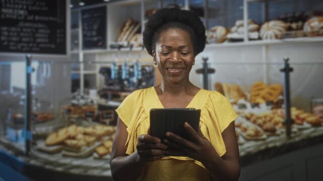 Woman holding tablet with hands, smiling at camera in front of bakery counter with breads and pastries in building; confidence.