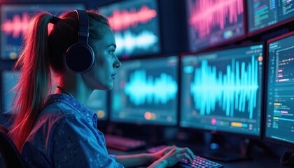 Obraz premium Woman in headphones works on audio editing, multiple screens display sound waves. She concentrates on mixing sound in modern studio late at night, red and blue lights create atmosphere.