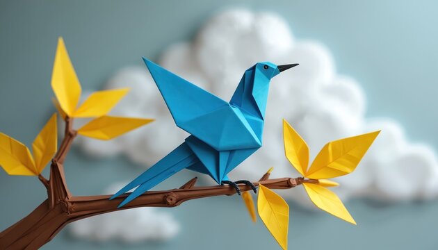 Origami blue bird rests on brown paper branch with yellow leaves. Soft clouds drift in pale blue sky. Simple art form suggests nature and peace.