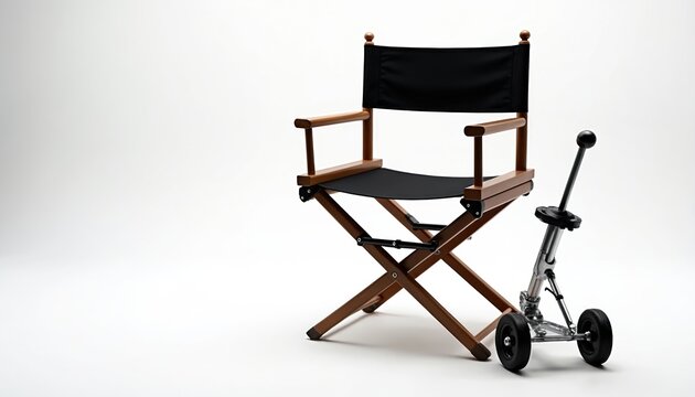 Director chair and camera dolly on white studio background. Movie production equipment ready for filming. Film set for cinema or TV show creation.