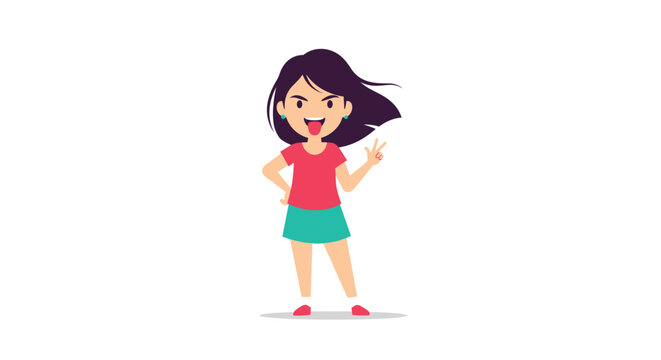Playful young girl sticking her tongue out and making a peace sign gesture while standing on a simple white background illustration.