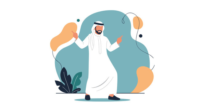 Happy Arab man in traditional white thobe and ghutra dancing against a colorful abstract background with plants and shapes.