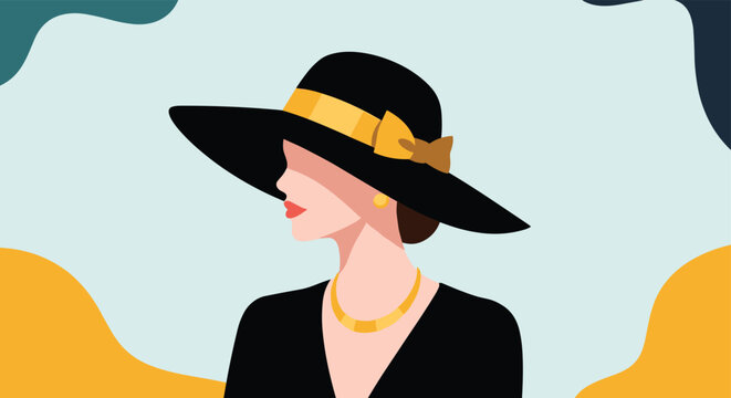 Elegant profile of a woman wearing a sophisticated wide-brimmed black hat with a gold ribbon and matching gold jewelry.