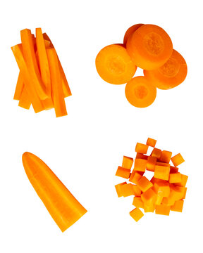 Top view set of orange carrot slices in cube circle and stick shapes in stack isolated with clipping path in png file format