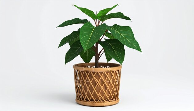 Green Potted Houseplant in Wicker Basket Isolated on White Background