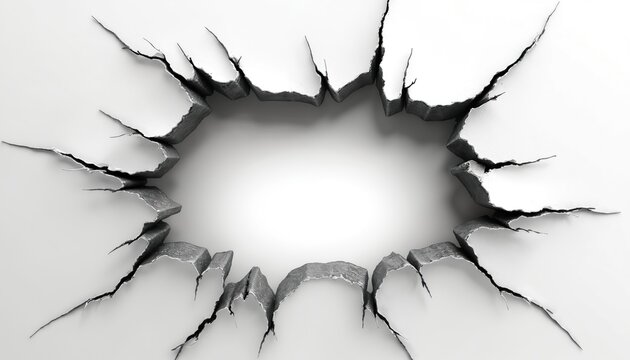 Torn ragged hole appears in plain wall surface. Cracked jagged aperture breaks through sheet metal. Abstract destruction texture, grunge background effect.