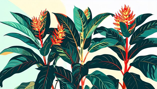 Vibrant Tropical Ginger Botanical Illustration with Lush Green Leaves
