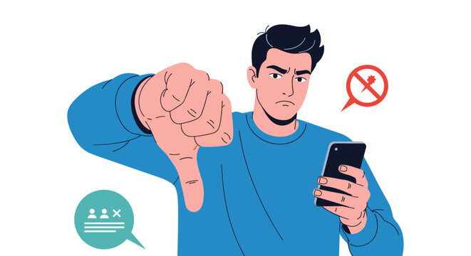 Frustrated man looks at his smartphone screen and gestures with a firm thumbs down to show disapproval or negative feedback on an app.