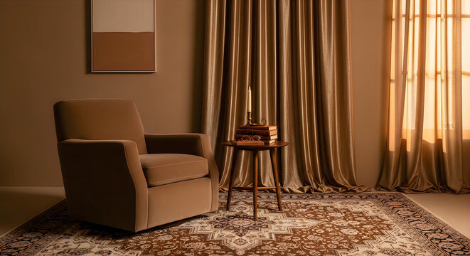 A cozy corner featuring a comfortable armchair and a small wooden table in a warm brown room