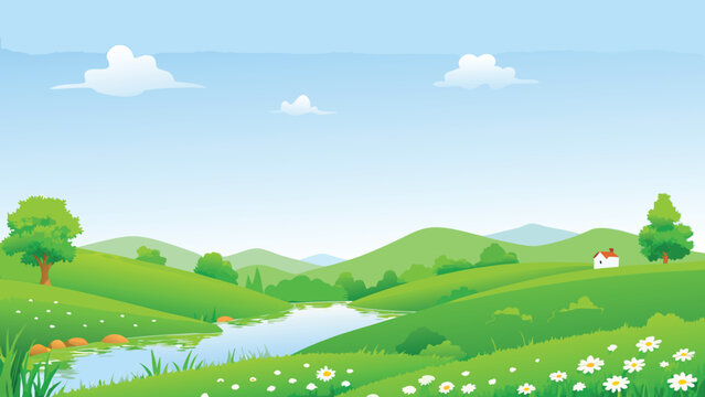 A serene landscape featuring rolling green hills and a calm river