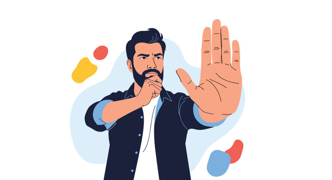 Serious man with a dark beard holds his hand out in a firm stop gesture to show rejection, denial, or a warning toward the viewer.