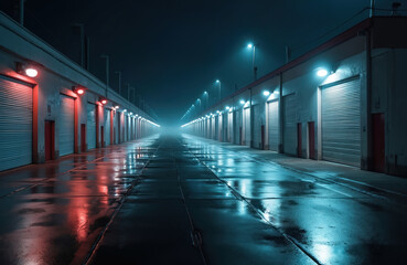 Obraz premium Empty race track garages at night. Wet asphalt reflects colorful lights. Long perspective creates dramatic mood. Motorsport background. Vehicle pit lane.