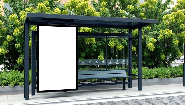 Modern bus stop shelter with bench