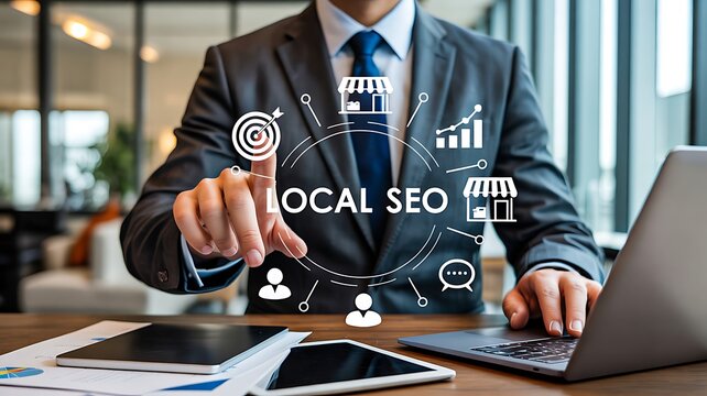 Local seo optimization concept with businessman using digital interface and search marketing technology