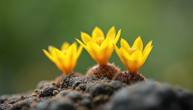 Three small yellow cactus flowers bloom on rocky ground. Desert plants grow in arid regions showing resilience, unique beauty. Bright petals contrast with rough substrate, signifying survival.