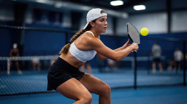Athletic young woman hitting a yellow pickleball during an intense indoor match